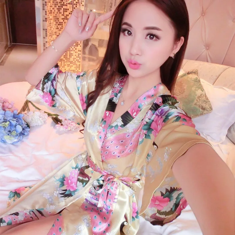 

Sexy Women's Pajamas Summer Thin Silky Ice Silk Bathrobe Morning Robe V-neck Loose Nightgowns Short Sleeve One-piece Loungewear