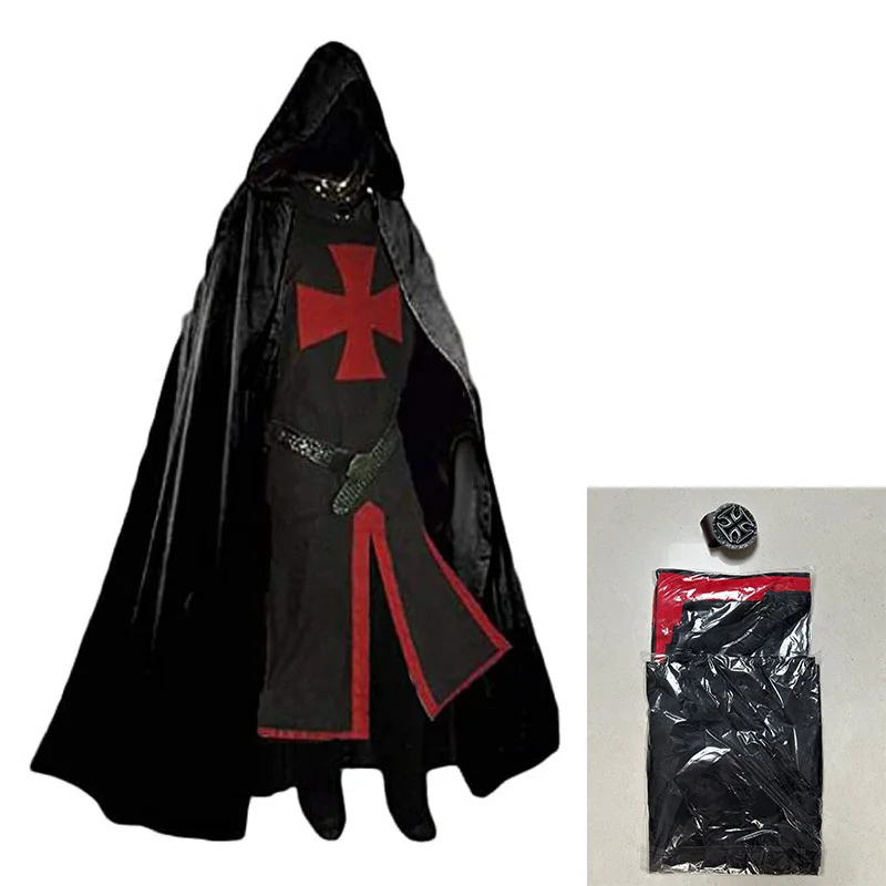 Hommes médiévaux croisés chevaliers templiers tunique Costumes Renaissance Halloween surcoat guerrier noir peste cape Cosplay haut S-3XL