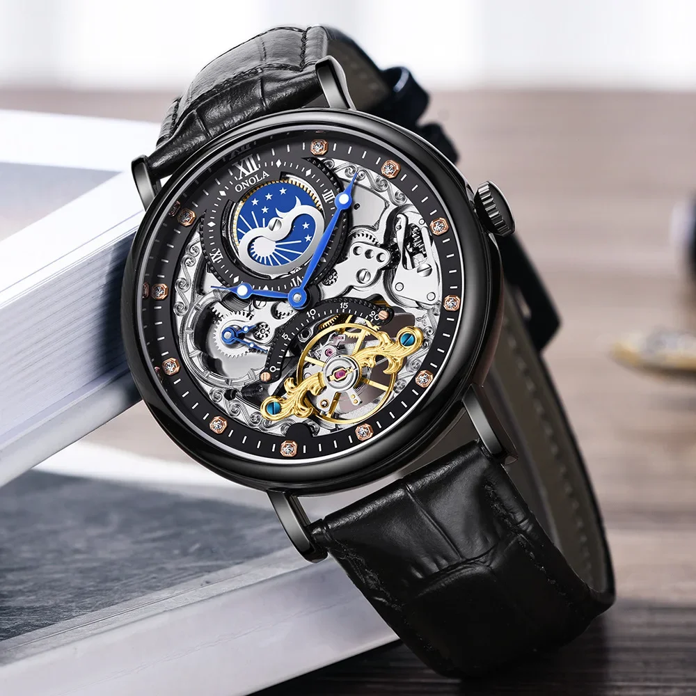 ONOLA Automatic Watch Men 6836 Tourbillon Luxury Watch Moon Phase Luminous Waterproof Mechanical Mens Watch Relojes Para Hombre