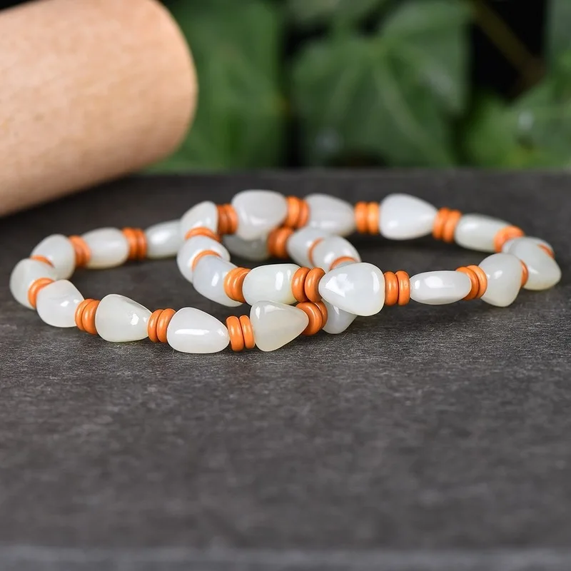 Hetian , Qiemo , Natural Beads Bracelet, White Jade, Stone, Unisex Style