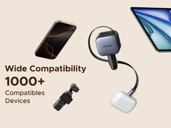 UGREEN 145W 90W 60W Car Charger 3 USB-C & 1 USB-A Ports PD QC4.0 Fast Charging with Retractable Cable for iPhone 18 Pro MacBook