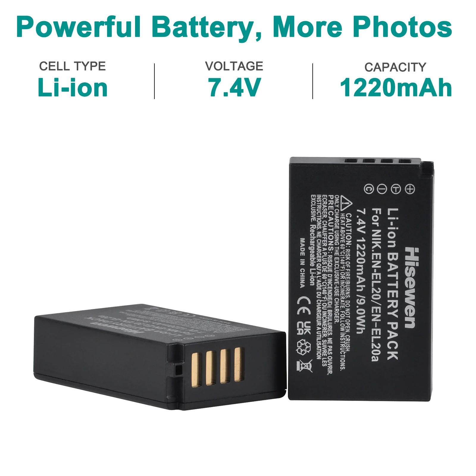 Hisewen EN-EL20 EN EL20 EN EL20a Replacement Li-ion Battery for Nikon Coolpix P1000 Nikon1 J1, J2, J3 Nikon1 AW1 Digital Cameras