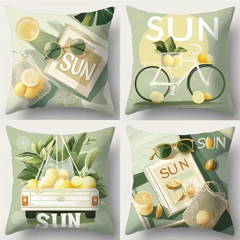 Retro Sun Lemon Pillow Covers,Bicycle Citrus Print Decorative Throw Pillow Cases Summer Fresh Home Decor for Sofa Bed, No Insert