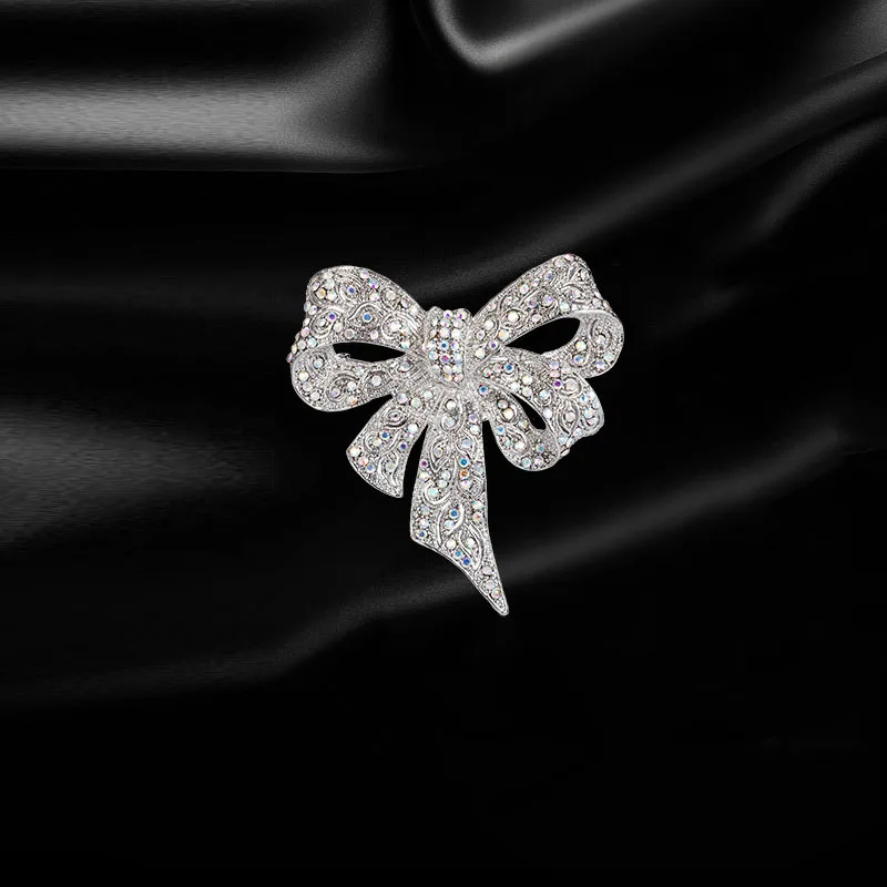 Black Color Rhinestone Bow Brooches for Women Large Bowknot Brooch Pin Vintage Fashion Jewelry Winter Accessories