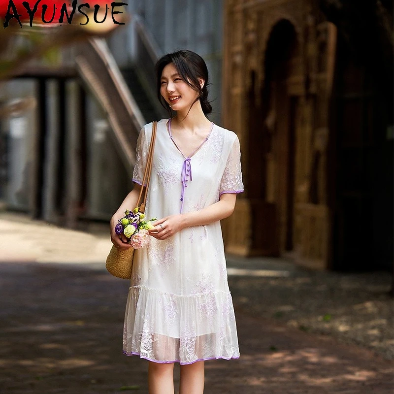 

AYUNSUE 100% Mulberry Silk Dress Summer Women Clothes V-neck White Dress High Qualty Dresses Vestidos De Fiesta Elegantes 2025
