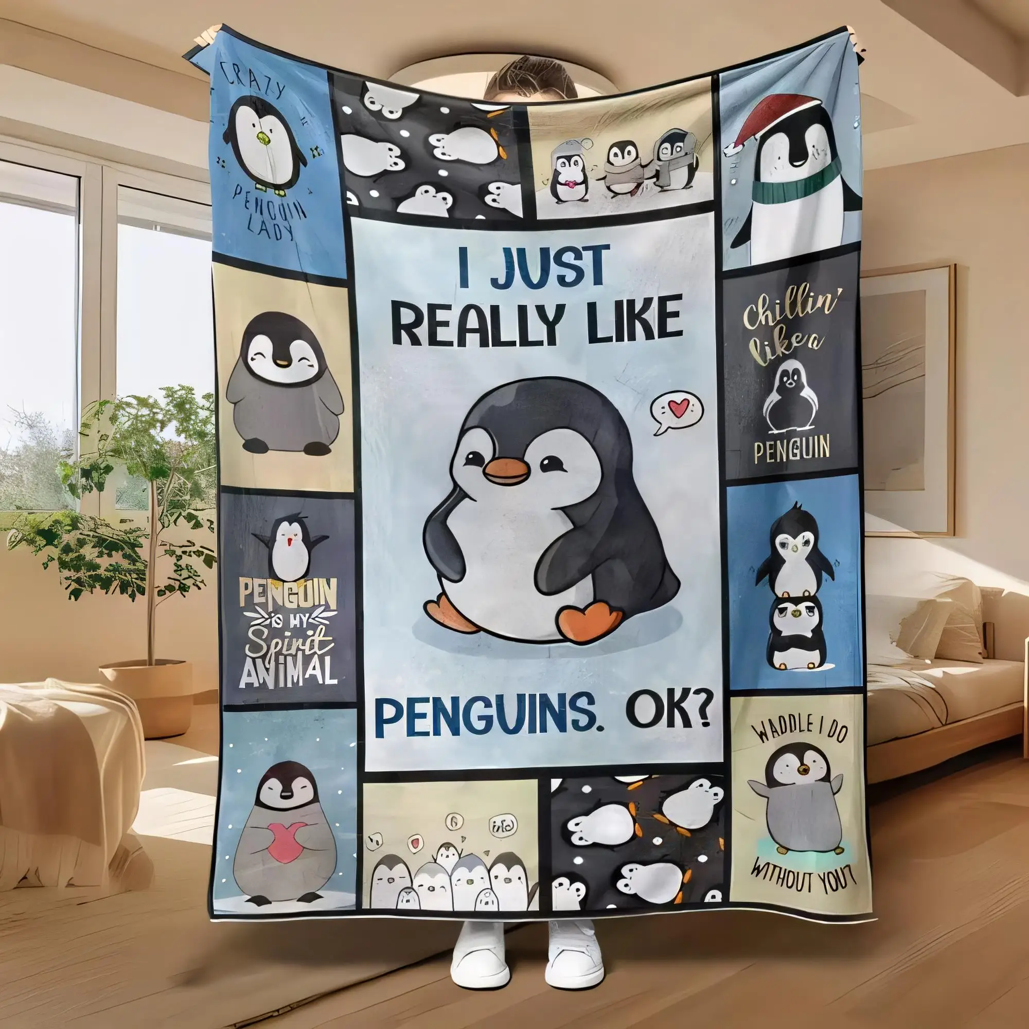 Cute Penguin Blanket Cozy Soft Fleece Throw with Adorable Designs - I Just Really Like Penguins OK? Perfect Gift for Penguin Lov