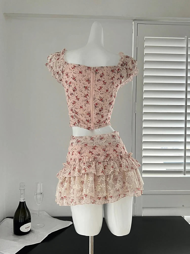 Zomer Vrouw Strandvakantie Ballet Bloemen Outfits 2-delige Set Rokken Set Zoete Chiffon Korte Mouw Crop Top + Minirokjes