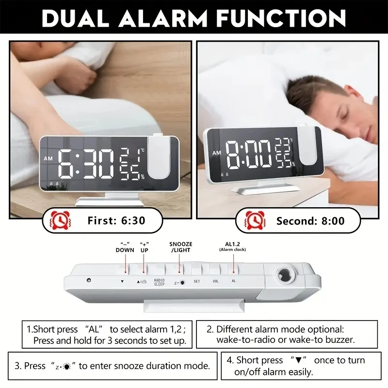 LED 180° Projection FM Radio LED Digital Smart Alarm Clock Multifunctional Temp Humidity Table Clock 12/24H Snooze Clock