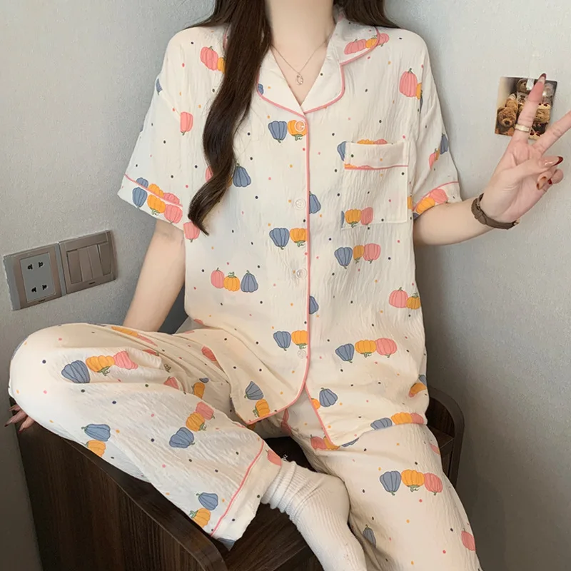 

Cloud Cotton New Arrival Short-Sleeve Long-Pants Pajamas for Women Summer Lightweight Loose-Fit Jacquard Homewear Summer Set