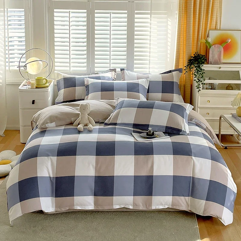 Plant Thickened Three Four Piece Bed Sheet Set Blue And White Large Grid