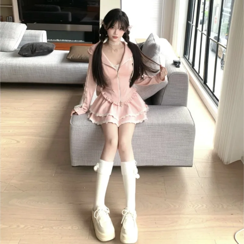 New Pure Desire Wind Sweet Pink Cardigan Women Slim Fall  Winter Fashion Hooded Sweater Half-body Skirt Kawaii Two-piece Suit