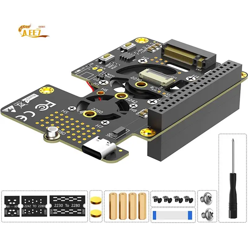 

AEE7-Для Raspberry Pi 5 Pcie к M.2 Nvme SSD HAT 3в1 с двойным вентилятором Gen2 Gen3 для 2230 2242 2260 2280 M.2 M-Key Nvme SSD