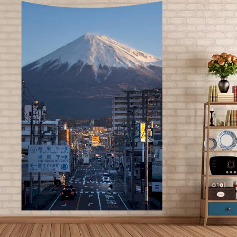 VIKAMA Japanese Tapestry Wall Hanging Mt Fuji City Street Sunset Photography Aesthetic Landscape Bedroom Decor