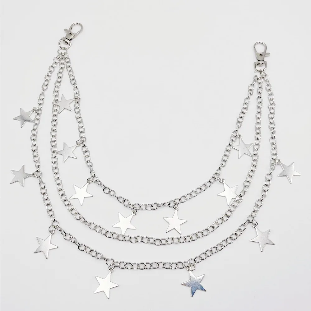 Hip Hop Five-Pointed Star Pendants with Tassel Butterfly Double Layer Pants Chain Necklace Pocket Decor Stars Waist Chain Woman