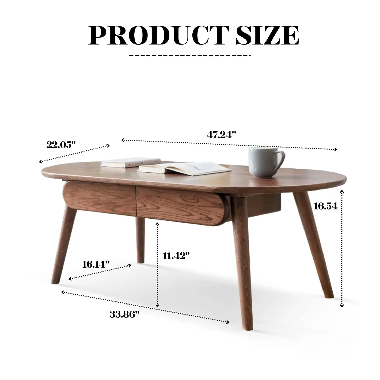 Mid Century Modern Oval Coffee Table With Storage - Simple Assembly (Walnut, 47.24"), Customized