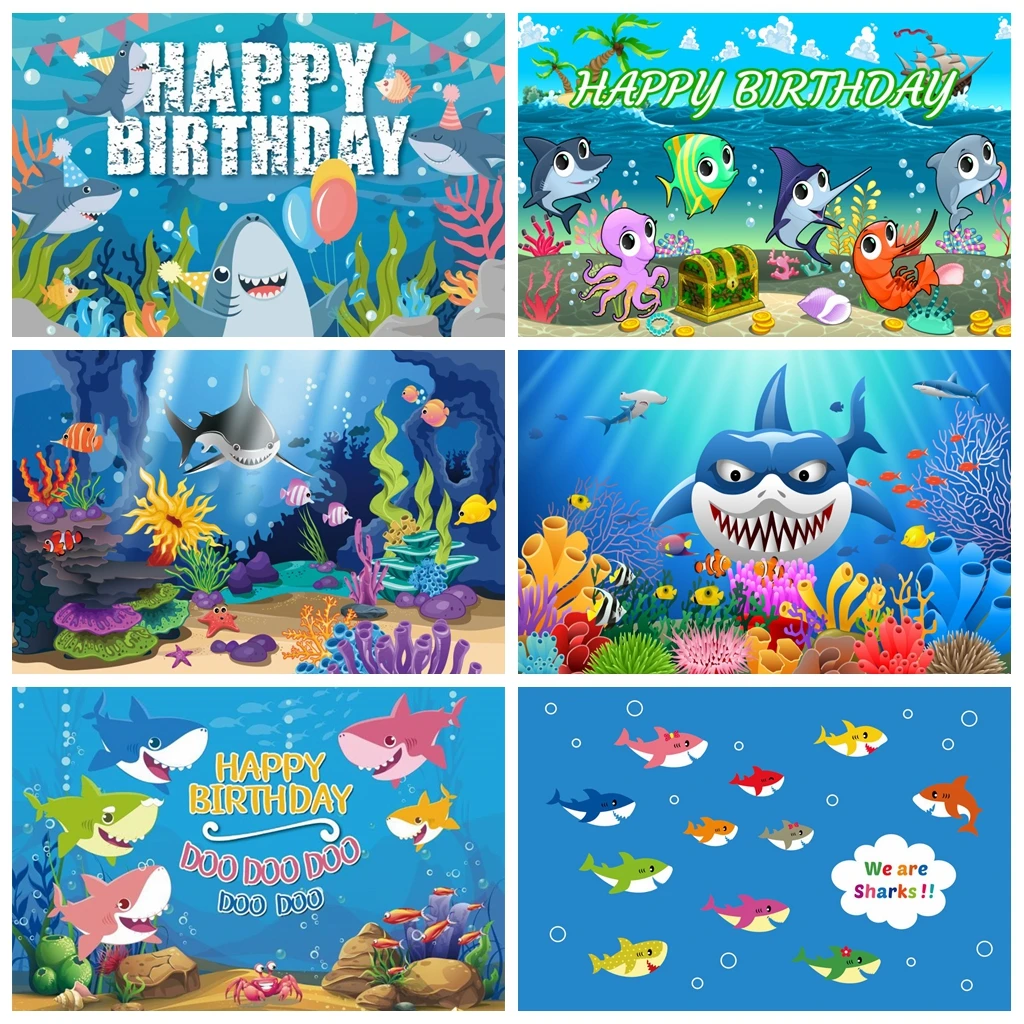 Laeacco Shark Water Grass Backdrop For Photography Child Happy Birthday Party Decor Customized Poster Pattern Photo Background