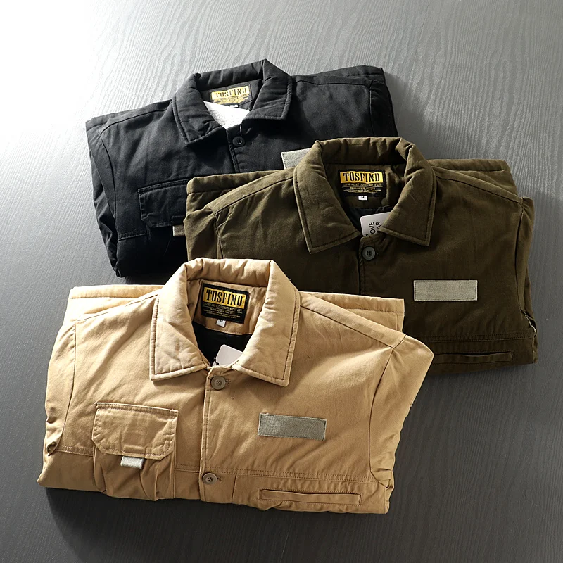 Thickened Cotton Workwear Jacket for Men Autumn Winter Washed Pure Cotton Multi Pocket Loose Fit Collared Jacket Fashion Urba...