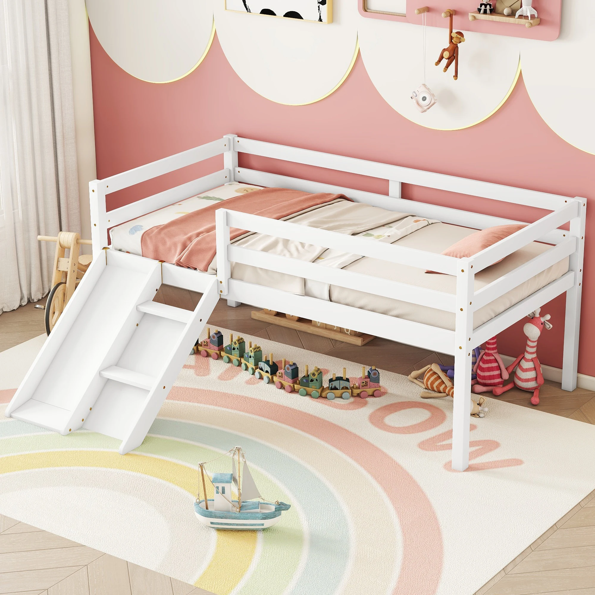 Twin Low Loft Bed with Slide, Ladder, Safety Guardrails, No Box Spring Needed, White  79.50x67.60x31.50 in. image 3