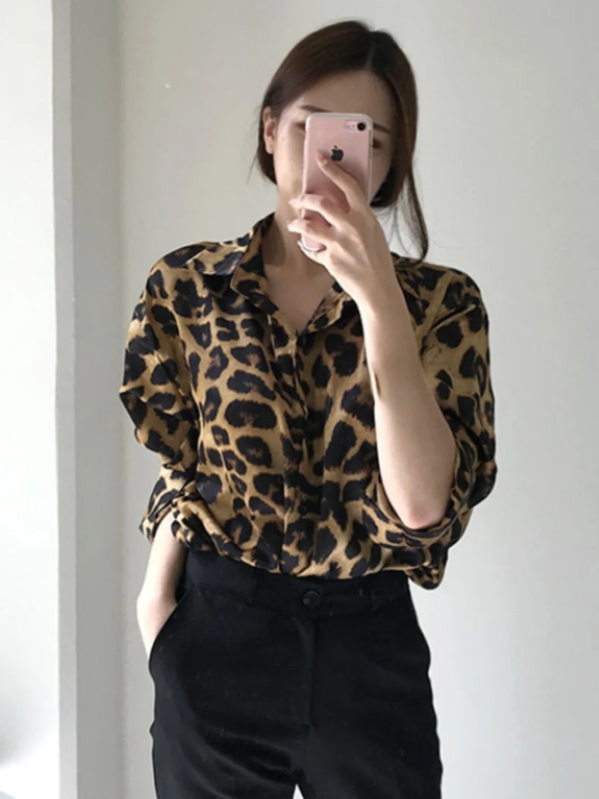 Retro Hong Kong Sle Women's Long Sve Leopard Print irt Spring Autumn Loose Fit Versatile Casual Top Korean Straight Cut