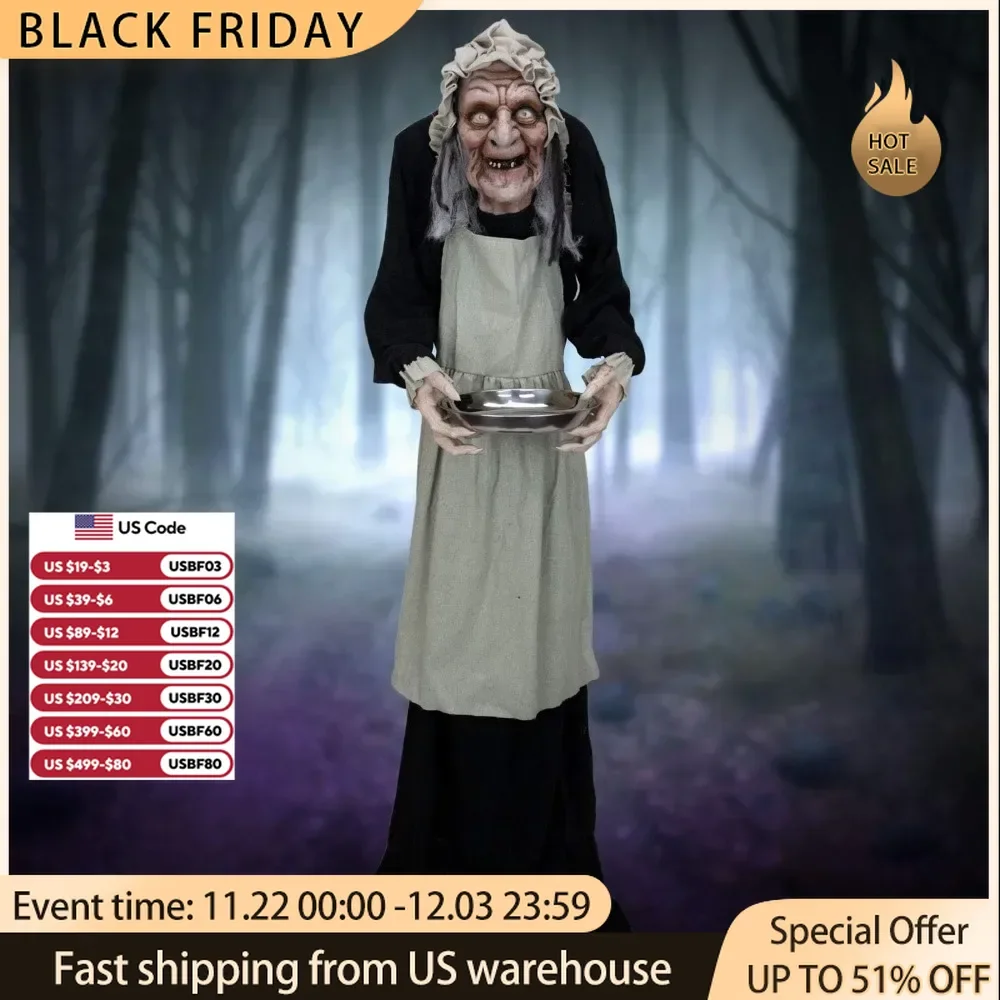 Halloween Spooky Old Lady with Candy Dish.5ft Halloween Decoration.Old Lady Sound activation Scary Halloween Outdoor Decoration