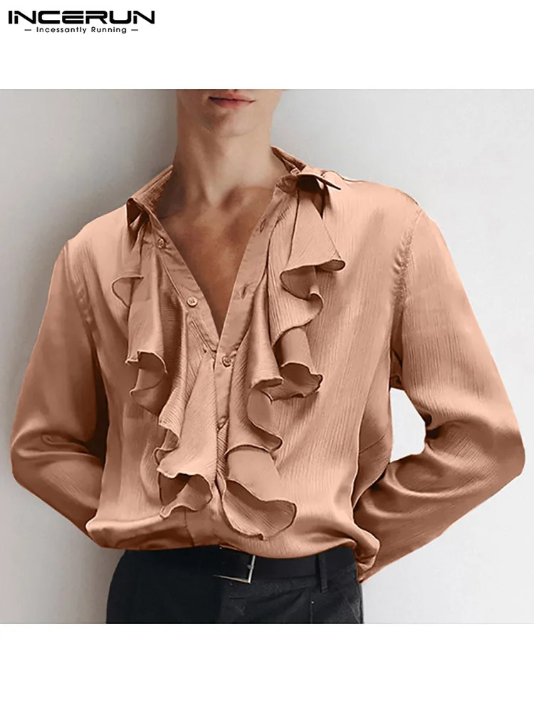 INCERUN Tops 2023 American Style New Men Solid All-match Blouse Stylish Male Loose Comfortable Ruffled Long-sleeved Shirts S-5XL