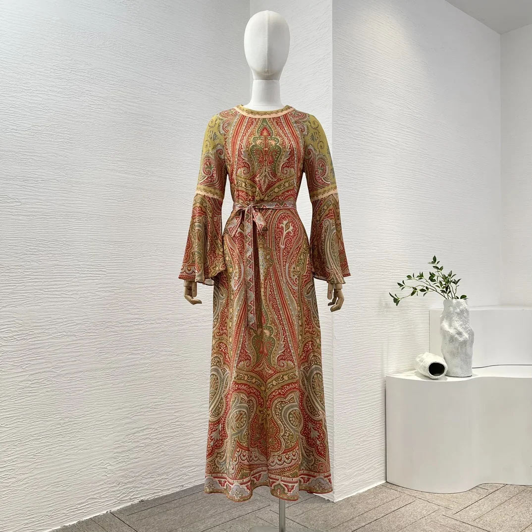 

2024 Early Spring High Quality Red Yellow Floral Print Long Sleeve Diamonds Pressed Paisley Oversize Midi Dress