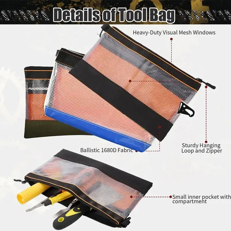 Heavy-Duty Clear Tool Pouch With Zipper & Mesh Window Electrician Utility Bag For Small Tools Storage