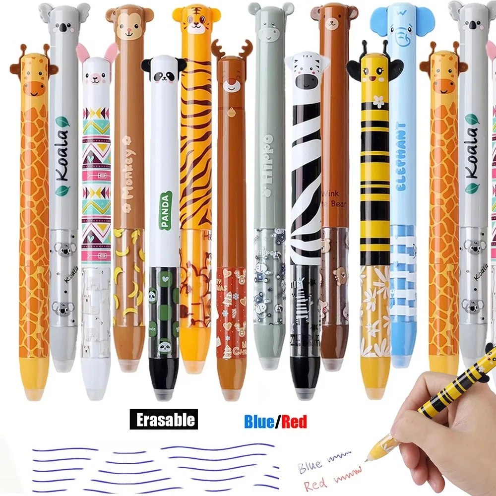 

3/6/12Pcs 3D Cartoon Animals Erasable Gel Pen Wtih Red Blue Ink 2 in 1 0.5mm Fine Point Gel Pen Set for School Supply Party Gift