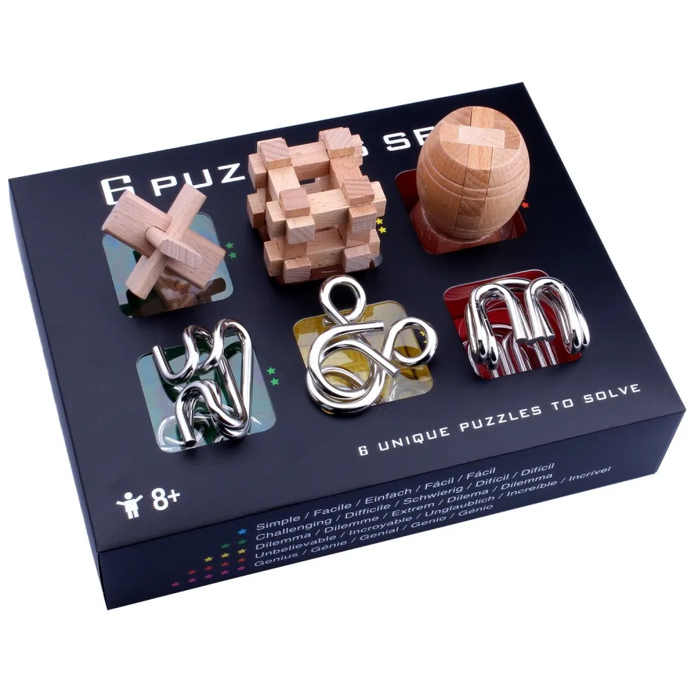 Classic 6PCS/Set Wooden Metal Puzzles Brain Teaser Game Gift Toy