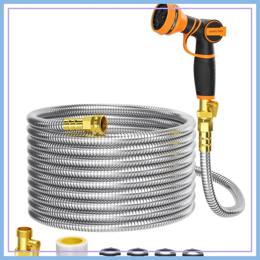 

75ft x 5/8" Garden Hose, 304 Stainless Steel Metal Water Hose, No Kink, Flexible, Lightweight with 9 Pattern Spray Nozzle