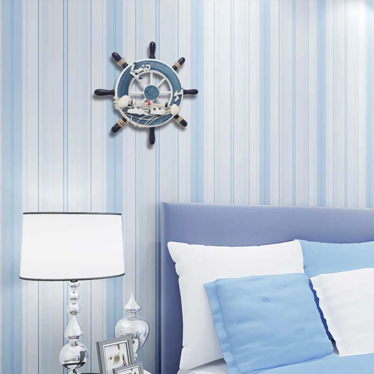 

Wooden Ship Wheel Wall Decor 23cm Blue White Spokes Nautical Home Decoration Rudder Beach Hanging Ornament