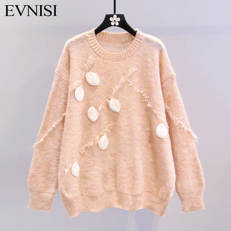 EVNISI Chic Women Tassels O-Neck Sweater Casual Loose Solid Knitted Pullover Autumn Long Sleeve Tops For Women Cashmere Jumpers