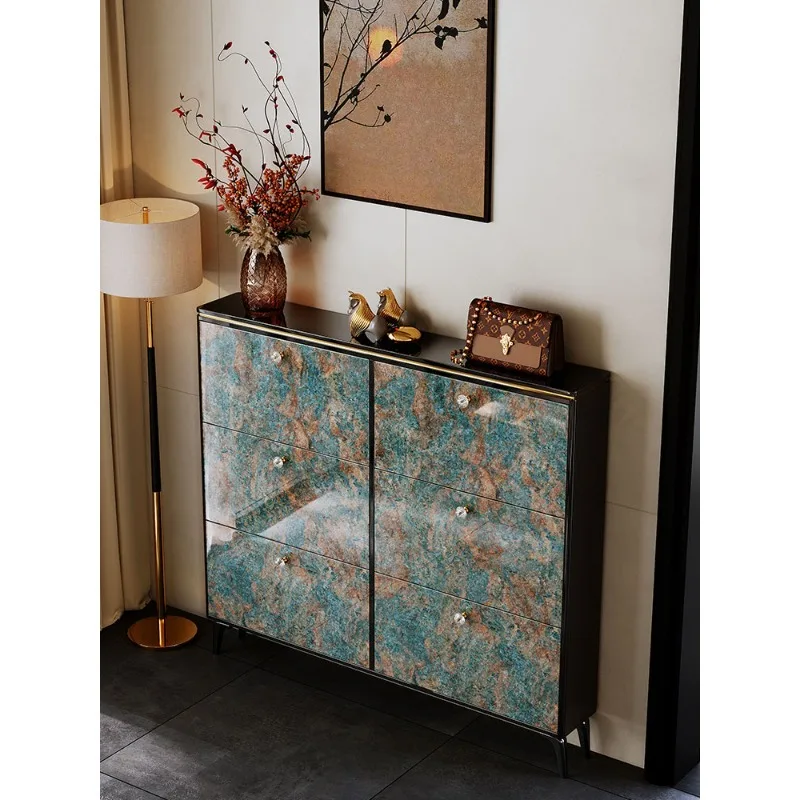 Italian ultra-thin tipping bucket shoe cabinet 2026 new home entrance solid wood light luxury high-end porch storage cabinet