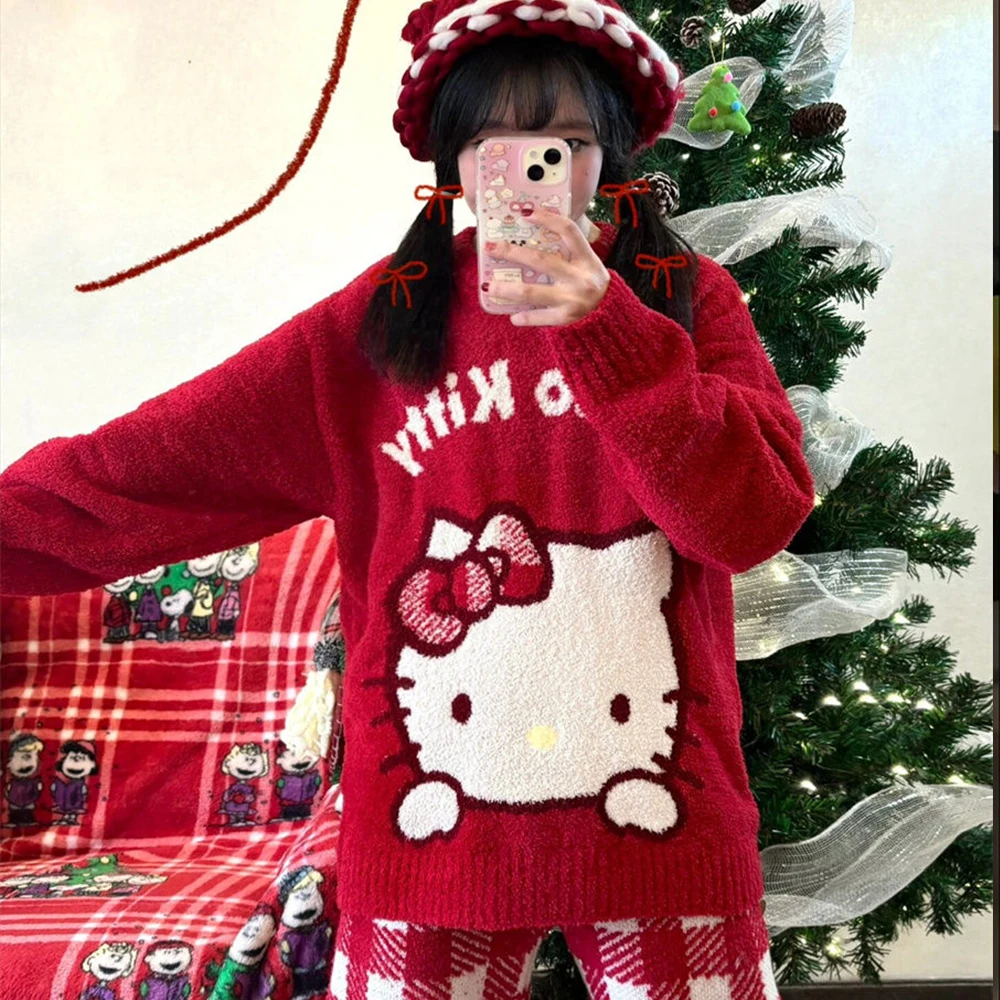 Kawaii Christmas Sanrioed Cartoon Hello Kitty Knitted Sweater Women Knitting Red Knitted Tops Anime New Cute Girls Student Tops