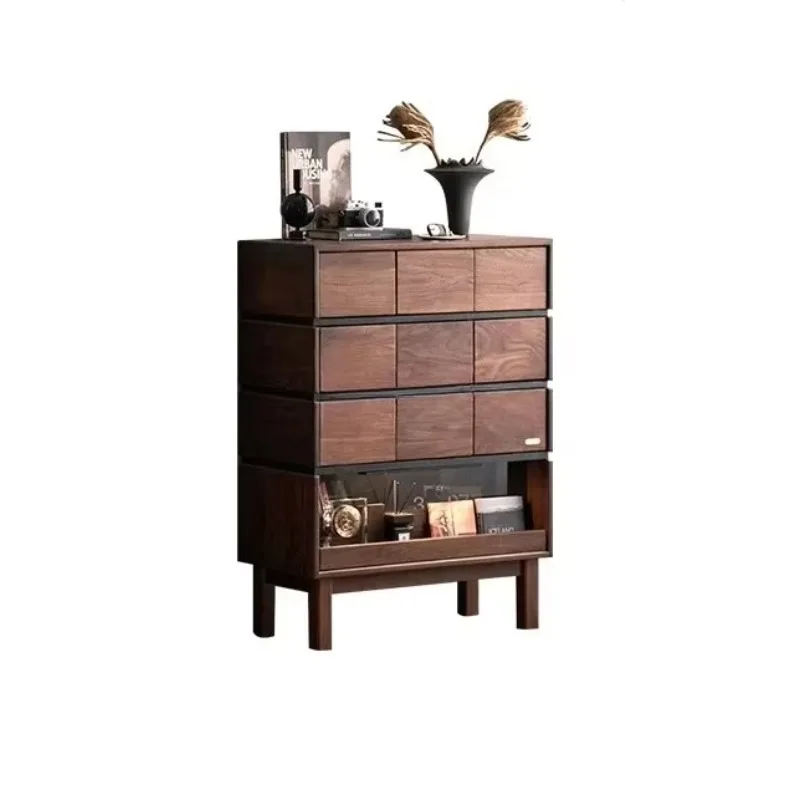 

FFFSolid wood multi-drawer chest cabinet sofa side cabinet black walnut storage cabinet living room