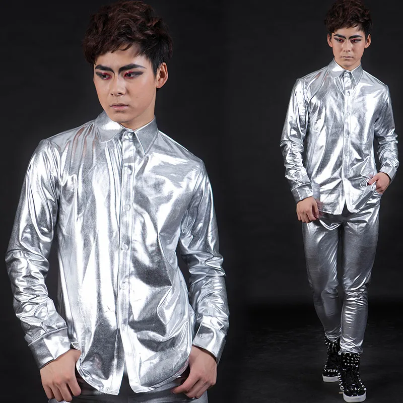 

Men Dress Shirts Long Sleeve Spring White Shirt Men's Nightclub Slim Solid Color Casual Silver Long Sleeve Shirt Stage Clothes