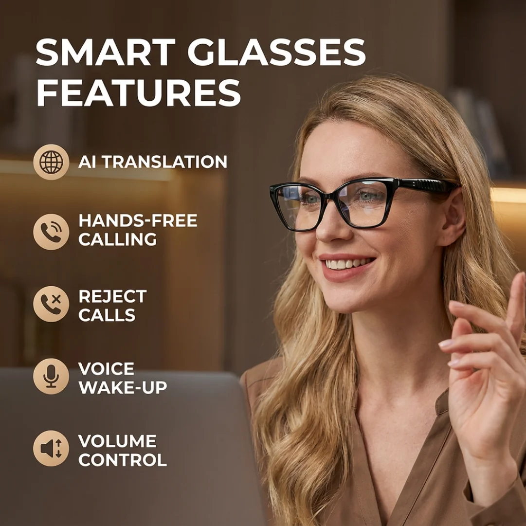 SENBONO AI Translator Audio Smart Glasses for Women BT Call Music Play Camera Control Sunglasses Fashion Smart Glasses for Men