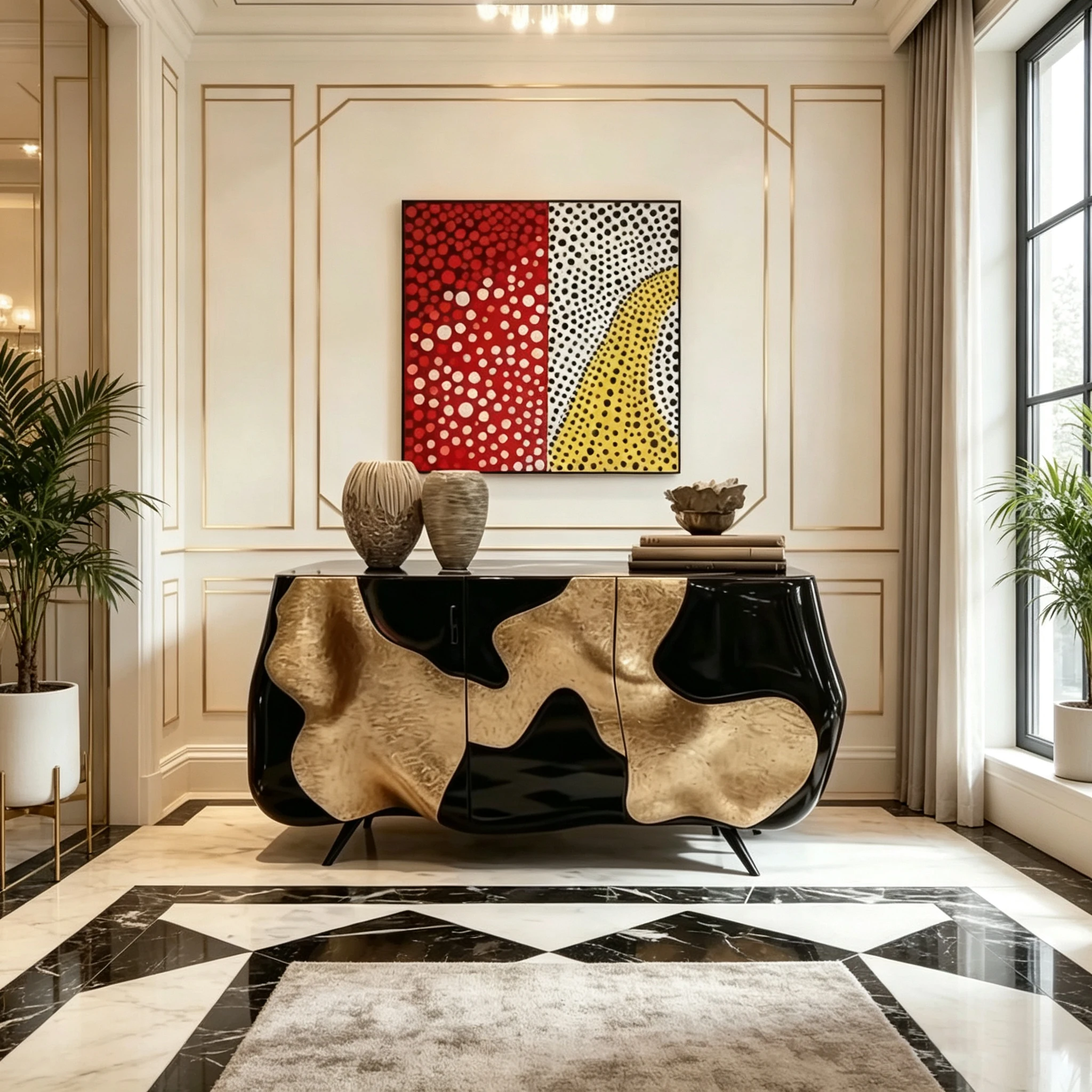 M*-M*-Irregular Patch Gold Inlay Fiberglass Sideboard Gloss Black Wavy Body Thin Metal Leg 3 Door