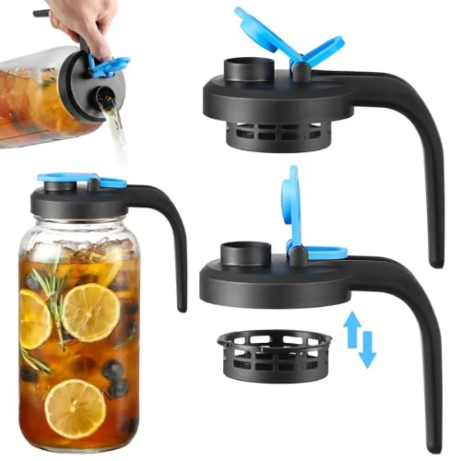 

[UPGRADED LID] Wide Mouth Mason Jar Pour Spout Lids with Detachable Filters - 2 Pack Flip Top Pitcher Lids with Handle for Ball