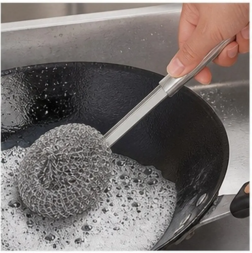Stainless Steel Dish Scrubber Long Handle Heavy Duty Pot Brush Steel Wool Scrubber for Kitchen Cleaning Pots Pans Grills Sink