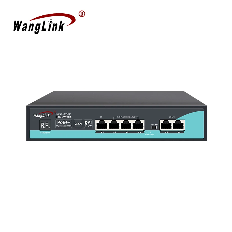Gigabit 4+2 port AI PoE Switch 1 PoE++ 3 PoE+  2 Uplink RJ45 120W Power Digital Display VLAN