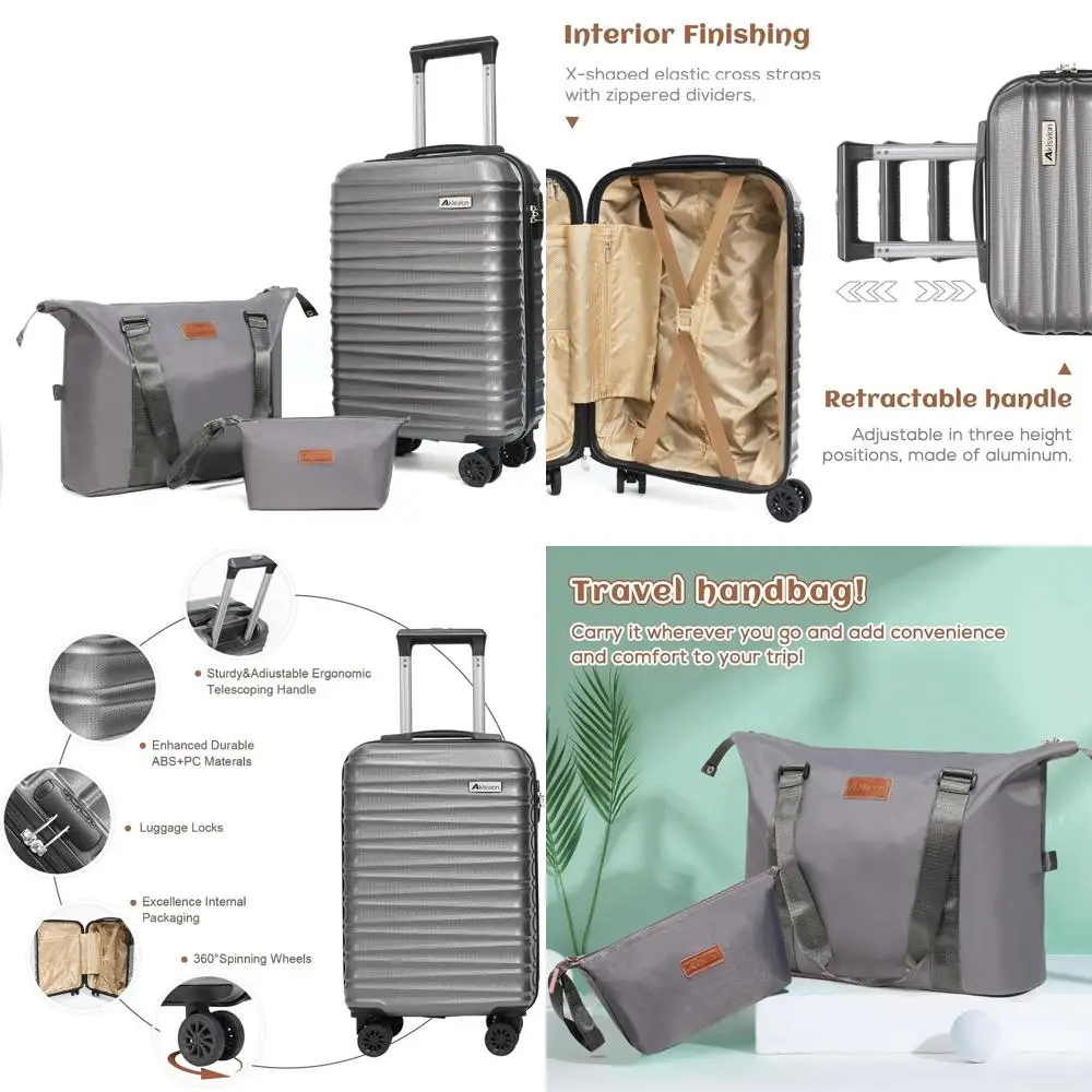 

Набор чемоданов Hardshell Spinner из трех предметов с чемоданом для ручной клади, сумкой для выходных и сумкой для туалетных принадлежностей — серые предметы первой необходимости для путешествий