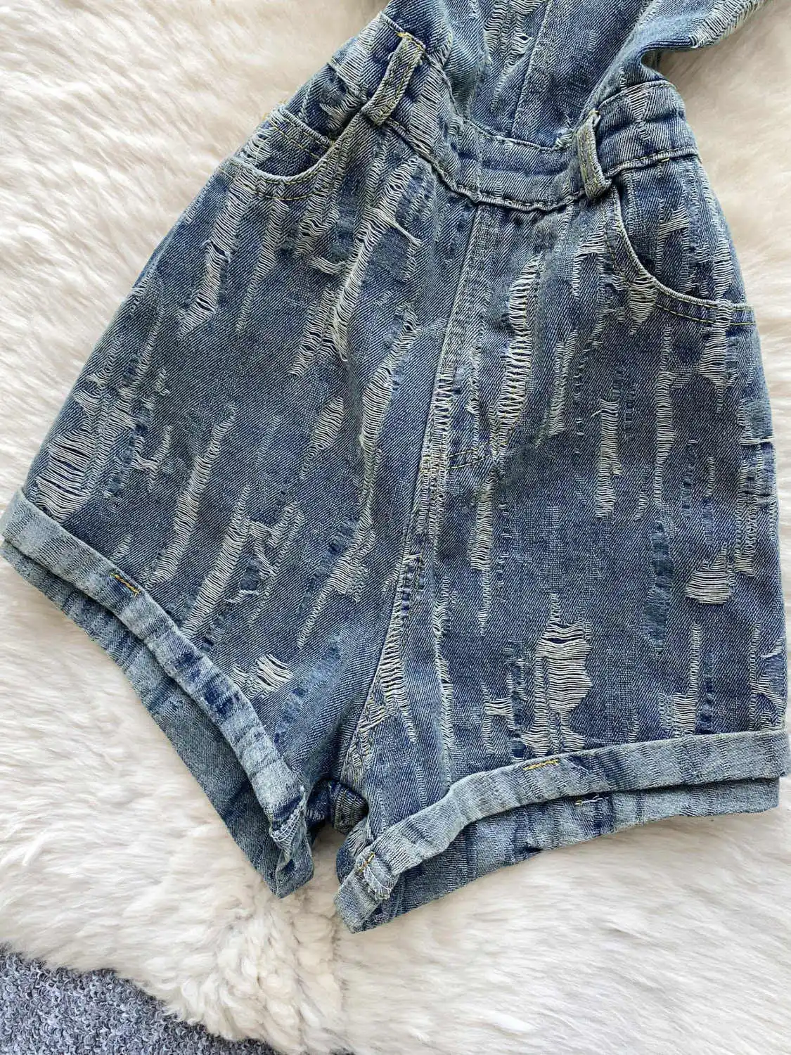 Pantalones cortos vaqueros rasgados azules para mujer, monos Vintage de los años 90, peleles con hombros descubiertos Harajuku, pantalones vaqueros, ropa de verano para mujer