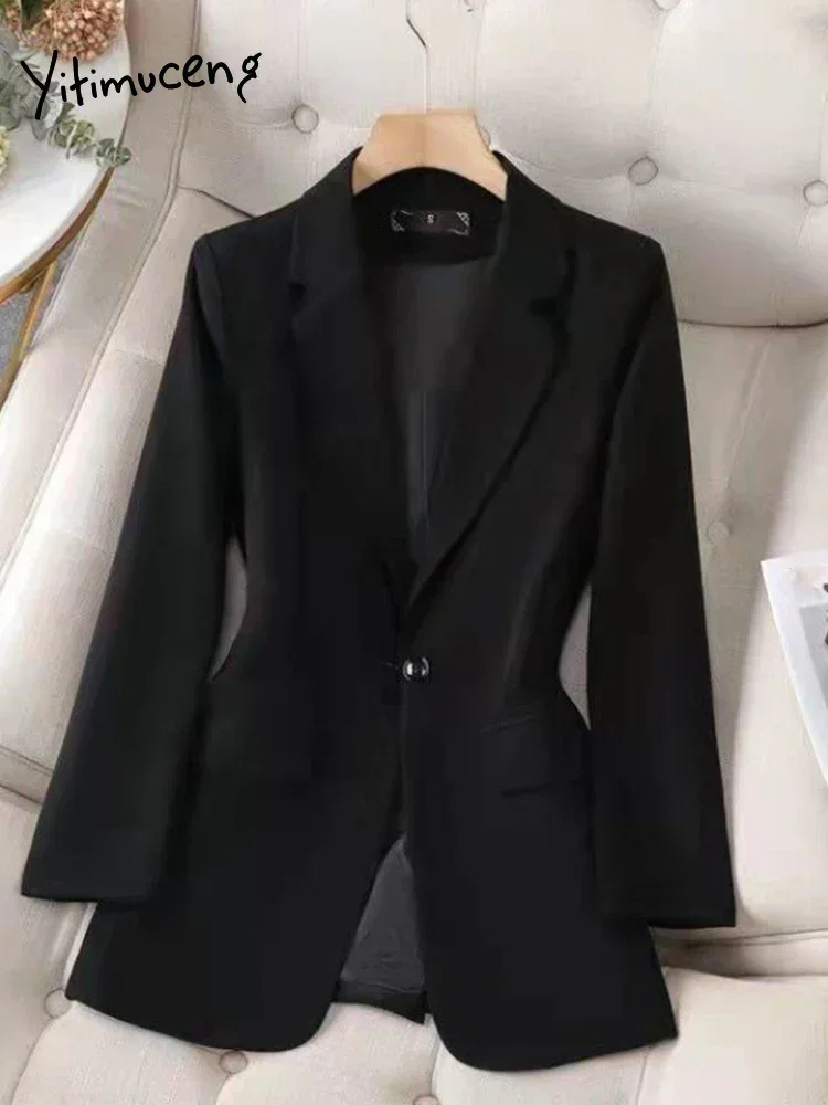 Yitimuceng Green Elegant Women Casual Pockets Office Lady Slim Full Single Button Halter Blazer Coats Long Sleeve Streetwear