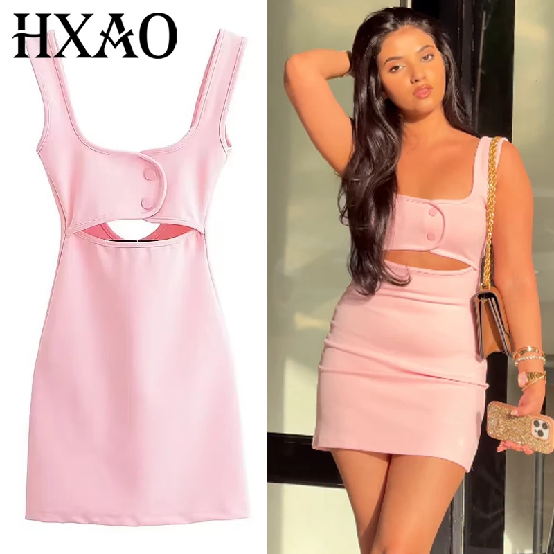 HXAO 2025 Womens Dresses Bodycon Slip Dress Summer Elegant Corset Solid Backless Dresses Cut Out Short Dresses Chic Vestidos 066