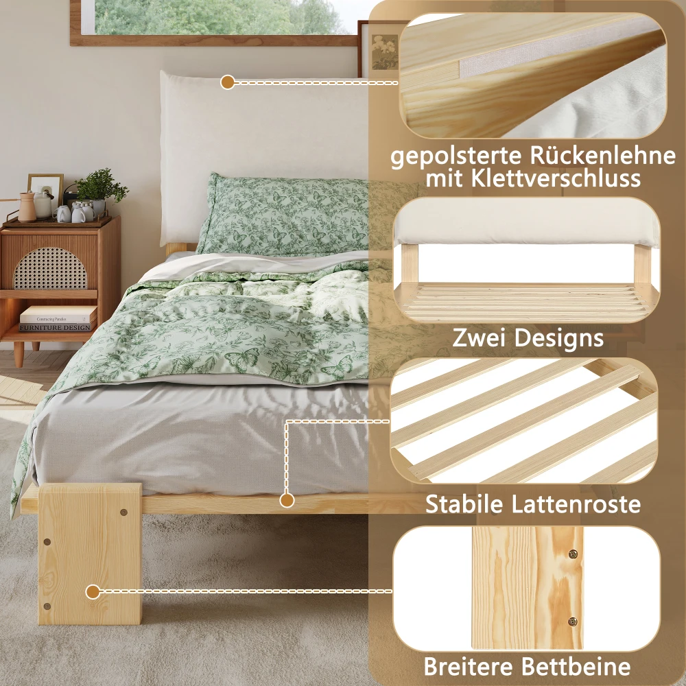 PINGGO Samtbezogenes Einzelbett für Kinder, weiche Rückenlehne, stabiler Rahmen, 90 x 200 cm, Bettgestell aus Kiefernholz, Schaumstoff und Sperrholz, ohne Matratze – Detail 9