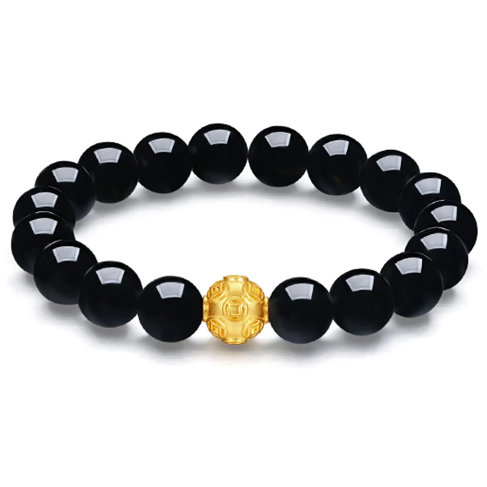 Pure 999 24K Yellow Gold Agate Beads Bracelet 3D Coin Round Bead 10mmW For Men Women Gift