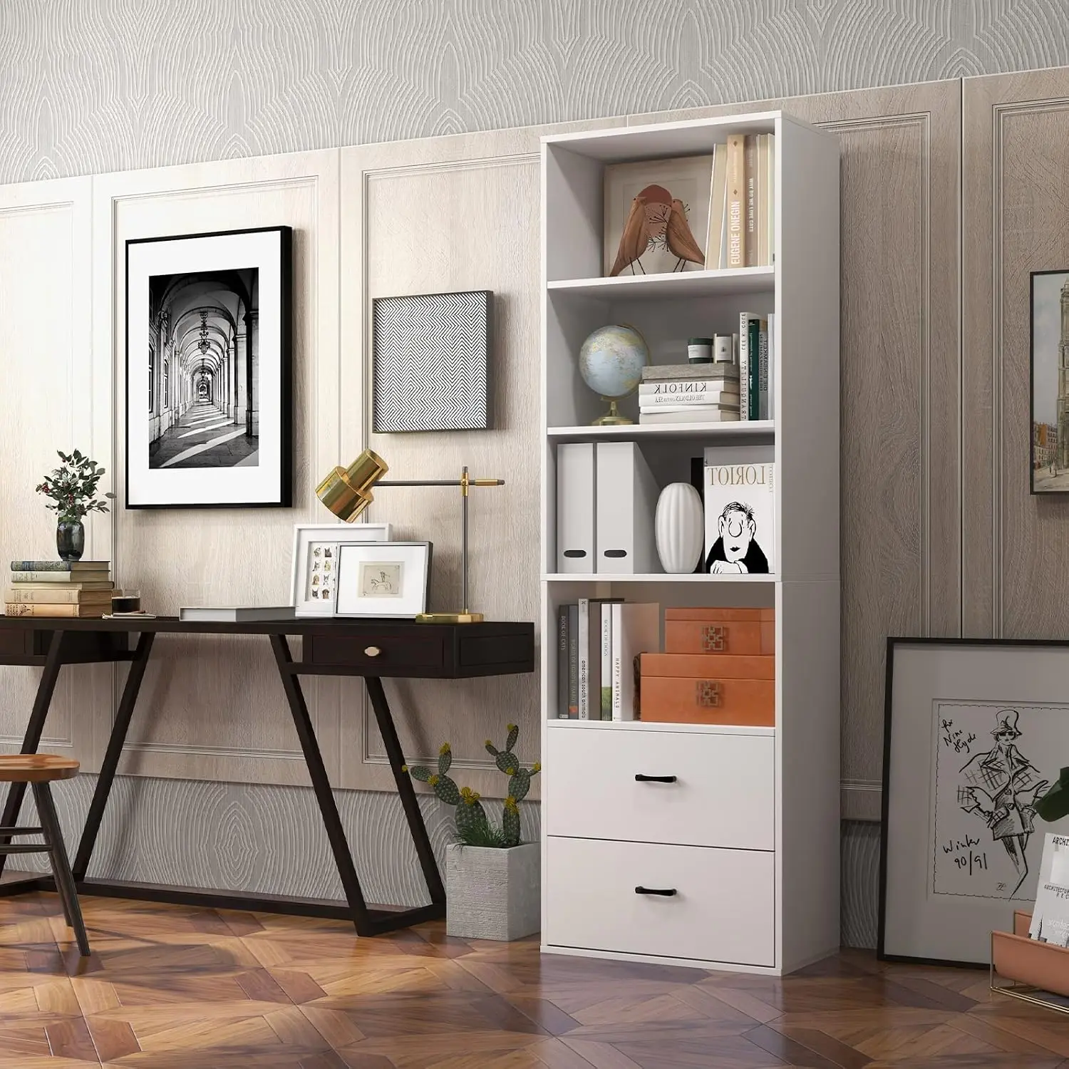 74" 6-Tier Bookcase With 2 Drawers & 4 Shelves, Freestanding Wooden Shelf With Anti-toppling For Living Room Office, Customized