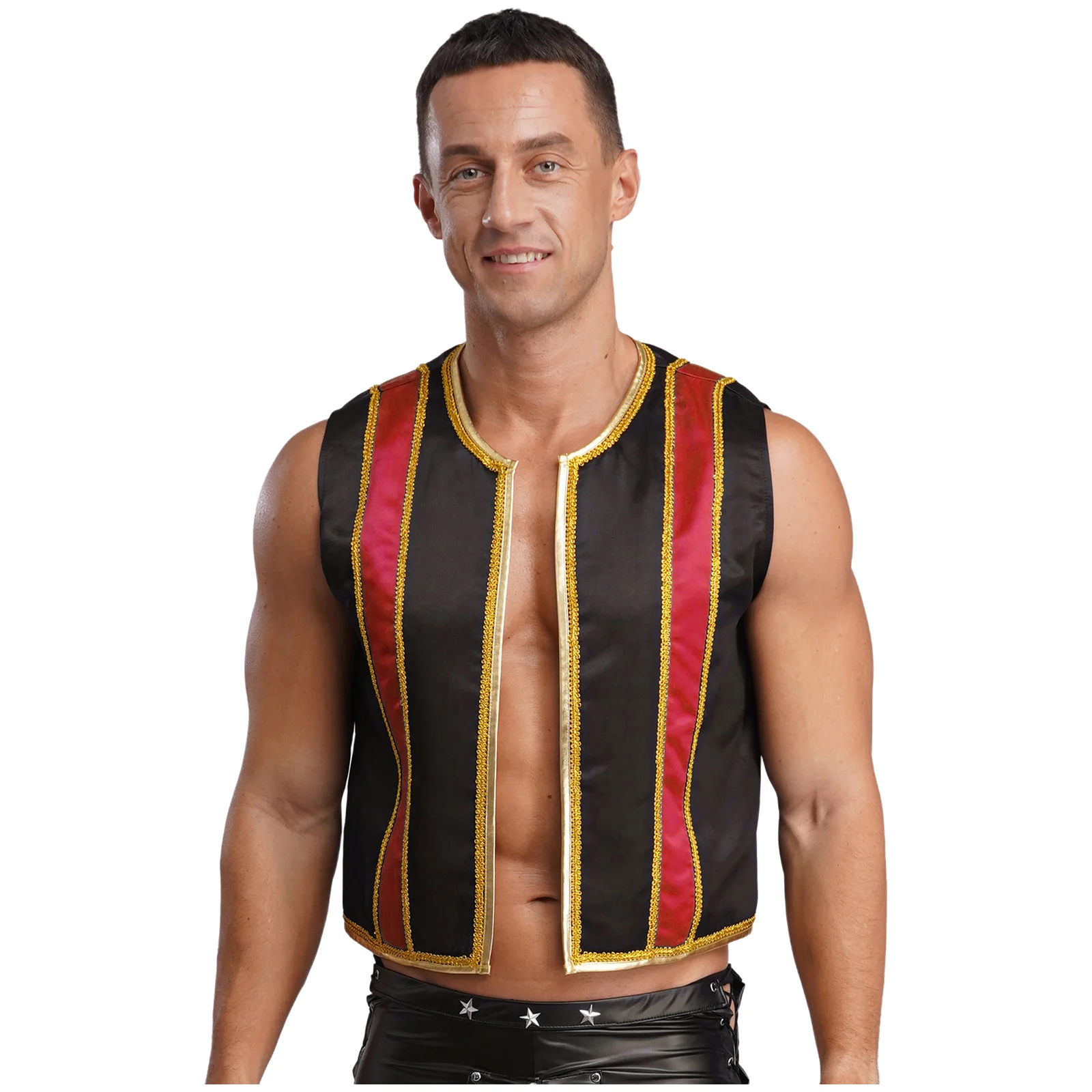 

Men Halloween Spanish Matador Cosplay Performance Vests Theme Party Costume Sleeveless Open Front Gold Trim Color Block Vest