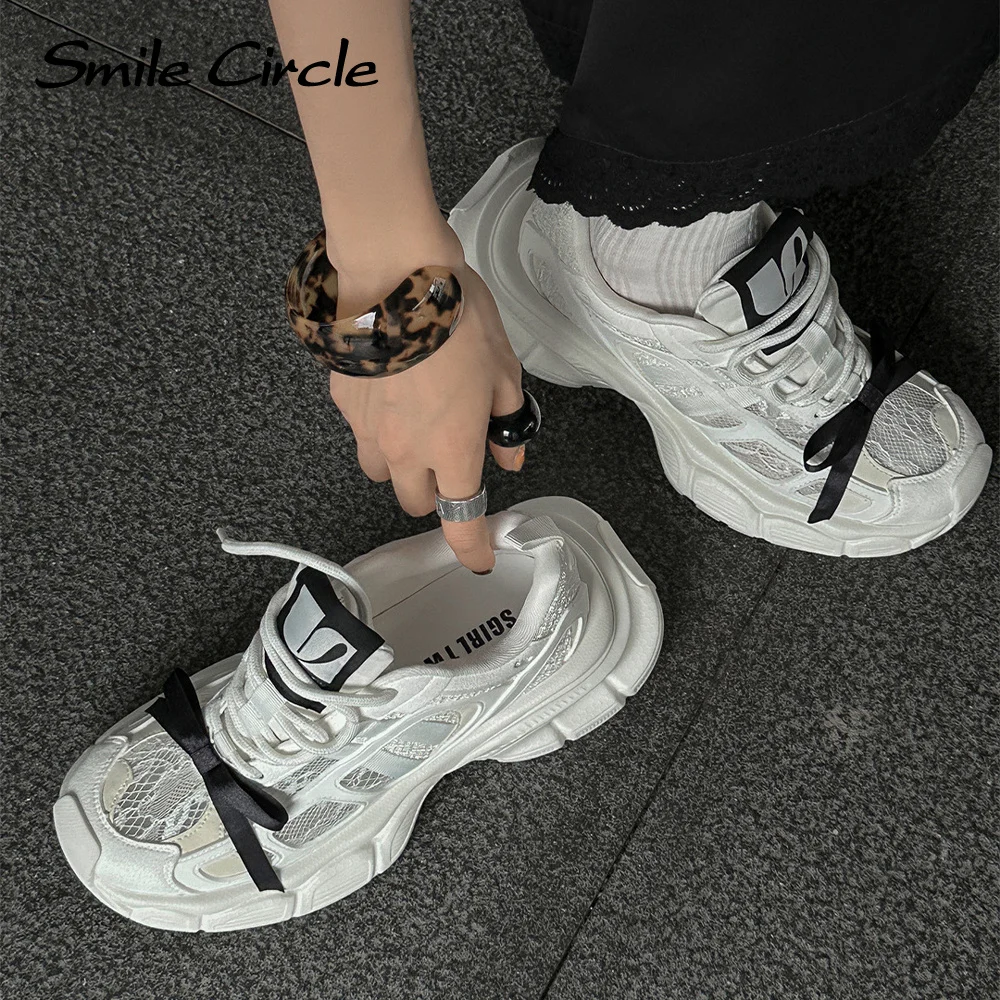 Smile Circle Sneakers Women's Summer Breathable Lace up Sneakers Lace Bowknot Casual Sneakers